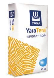 YaraTera KRISTA SOP Kaaliumsulfaat N-P2O5-K2O (SO3) 00-00-50(45) YaraTera KRISTA SOP (0-0-51 + 18S) on täielikult vees lahustuv kaalium ja väävel (kaaliumulfaat) väetis.
