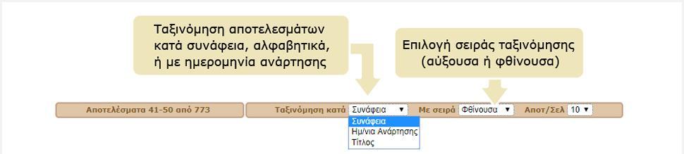 Εικόνα 4: Σαξινόμηση των αποτελεσμάτων αναζήτησης 3.3. ΠΛΟΗΓΗΗ ΣΙ ΔΙΑΥΟΡΕΣΙΚΕ ΕΛΙΔΕ ΣΨΝ ΑΠΟΣΕΛΕΜΑΣΨΝ Αν η λίστα των αποτελεσμάτων είναι μεγάλη, οργανώνεται σε παραπάνω από μία σελίδες.