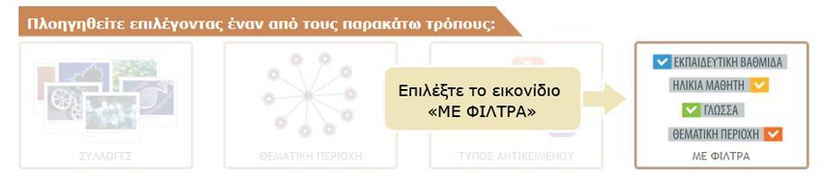 5. ΦΡΗΗ ΥΙΛΣΡΨΝ (ΤΝΘΕΣΗ ΑΝΑΖΗΣΗΗ) Για να πλοηγηθείτε στο περιεχόμενο του αποθετηρίου εφαρμόζοντας φίλτρα, επιλέξτε από την αρχική σελίδα το εικονίδιο «ΜΕ ΥΙΛΣΡΑ».