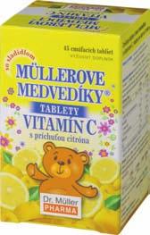 Müllerove medvedíky Müllerove medvedíky sú s príchuťou citróna, mandarínky alebo čiernych ríbezlí a s vitamínom C. Cmúľacie tablety v tvare medvedíkov sú vhodné pre deti od 3 rokov.