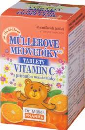 od3 rokov Müllerove medvedíky tablety s príchuťou mandarínky a vitamínom C Výživový doplnok so sladidlom Cmúľacie tablety s príchuťou čiernych ríbezlí v tvare medvedíkov s vitamínom C.