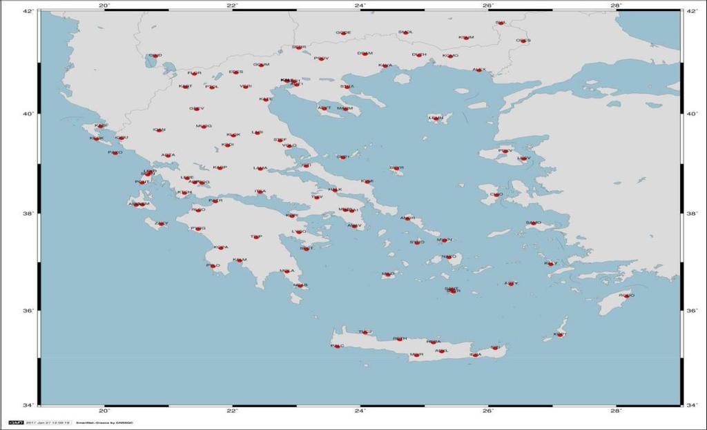 Εικόνα 2.4.2.1.-1. Οι μόνιμοι σταθμοί του δικτύου METRICAΝΕΤ (Ιούλιος 2017) (Πηγή: Φωτίου Α., Ρωσσικόπουλος Δ., Πικριδάς Χ.