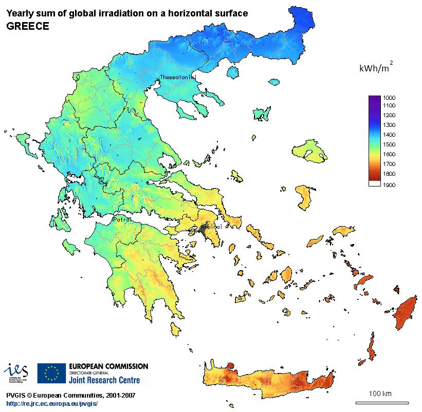 άμεσης ηλιακής ακτινοβολίας, με ιδανικότερες τοποθεσίες αυτές που δέχονται περισσότερες από 2.000kWh/m 2 ετησίως.