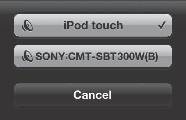 3 Odaberite [SONY:CMT-SBT300W(B) XXXXXX] na izborniku AirPlay aplikacije itunes ili uređaja iphone, ipod touch ili ipad.