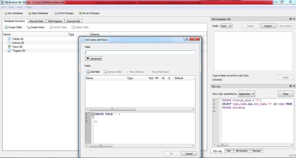 Εικόνα 4: DB Browser for SQLite-1 Δίνουμε το όνομα της βάσης και έπειτα φτιάχνουμε τα tables