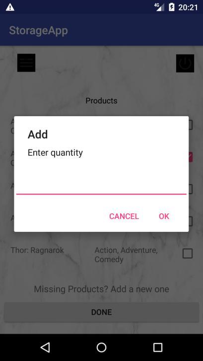 Το xml αρχείο για αυτό το dialog message είναι: Εικόνα 26:Admin Video Activity-dialog message Enter Quantity <?xml version="1.0" encoding="utf-8"?> <android.support.constraint.