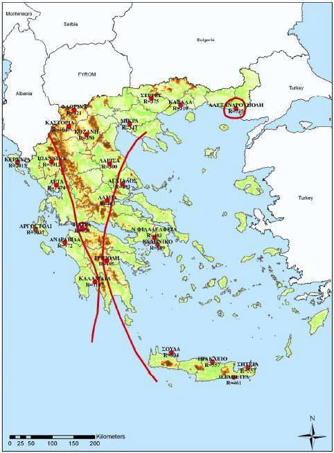 Σελίδα39 R = 10( 1. 48 + 1. 84N s ) [3. 14] Όπου, N s η συνολική βροχόπτωση (mm) κατά τους μήνες Μάιο ~ Οκτώβριο. Για την περιοχή της Τοσκάνης προέκυψε η παρακάτω σχέση (J.M. van der Knijff et al.