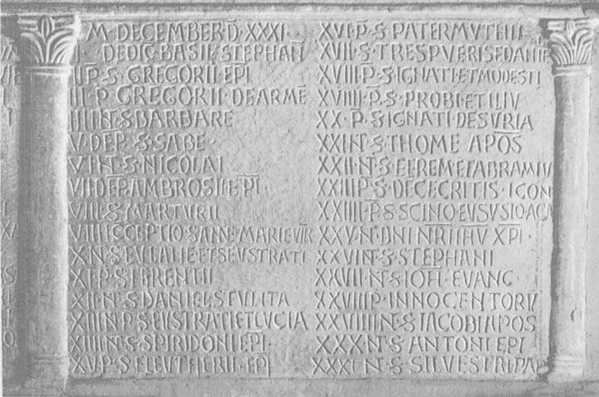 Fig. 19 : Calendrier de marbre de Naples, mois de décembre (photo extraite de DELEHAYE 1939) Nous possédons quelques attestations historiographiques d Abraham, issues de diverses Chroniques.