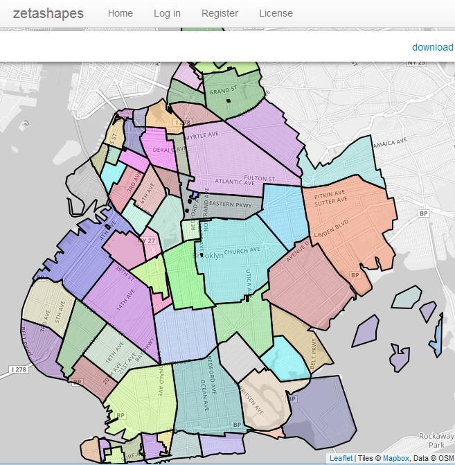 Σχήμα 2.5: Στιγμιότυπο από το zetashapes.com με το Brooklyn χωρισμένο σε γειτονιές Για την ανάκτηση των γεωγραφικών δεδομένων μιας πόλης, τo API του zetashapes.