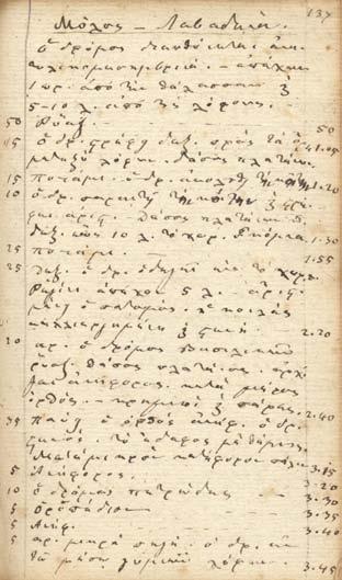 168 γραφημένα χαρτόνια (φθορές, κομμένη ἡ κάτω ἐσωτερική γωνία τοῦ κάτω καλύμματος). Ἐνδιαφέρουσα καταγραφή ὁδοιπορικῶν ἐξορμήσεων μέ πλῆθος τοπωνυμίων.