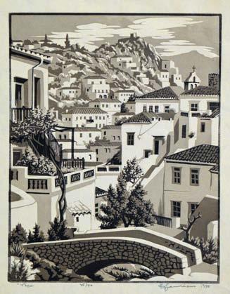 400-600 467 ΒΕΛΙΣΣΑΡΙΔΗΣ, Γιῶργος. Ἐκκλησάκια στή Σκόπελο. Δίχρωμη ξυλογραφία σέ ὄρθιο ξύλο, 285 x 310 mm.
