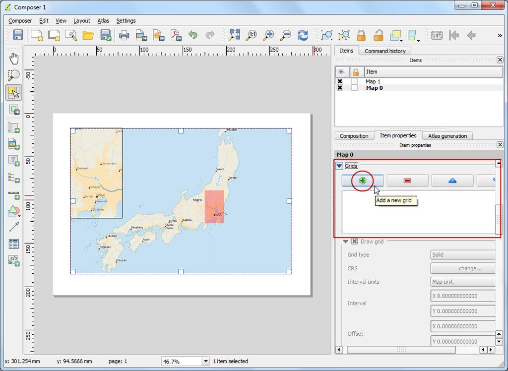 Προσθέτουμε κάναβο (grid) στο χάρτη μας: Item properties > Grids > επιλέγω Add a new grid Προσέχω να επιλέξω το