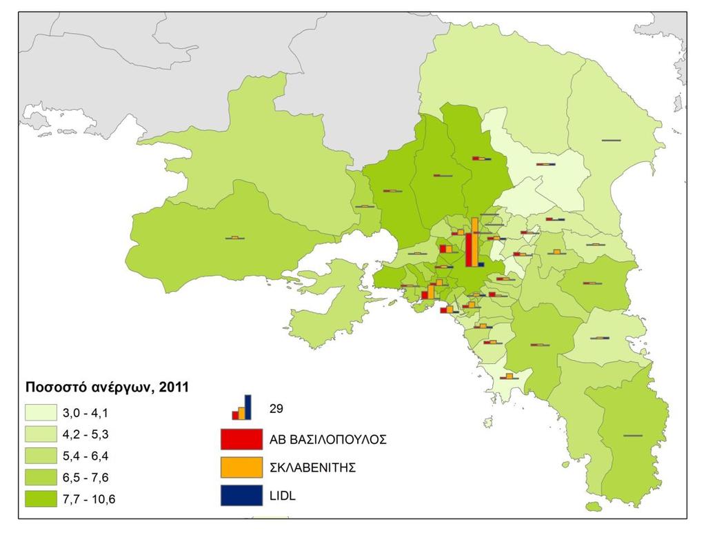 Χάρτης 4.7 Ποσοστό ανέργων, 2011 Πηγή: Μεταξύ άλλων πηγών (ΕΛΣΤΑΤ 2011, ab.gr, xo.gr, stigmap.gr), Ιδία επεξεργασία Στον παραπάνω χάρτη 4.