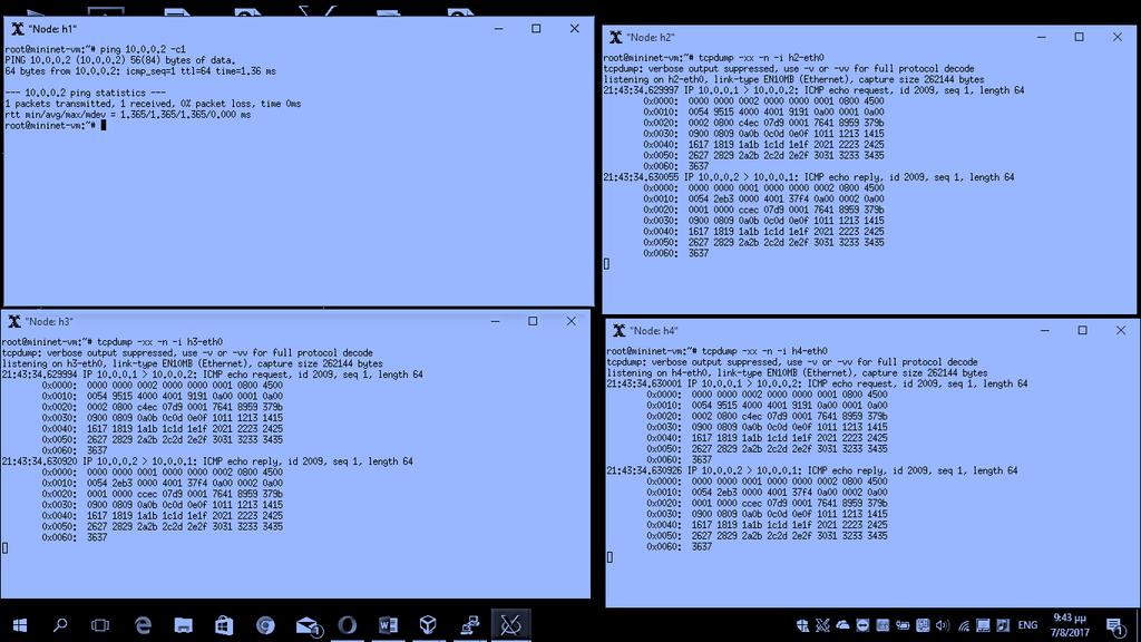 65 Εικόνα 15:Αποτέλεσμα της λειτουργίας του OpenFlow switch σαν hub, όλοι οι hosts λαμβάνουν και απαντούν στο ping από τον h1. 5.