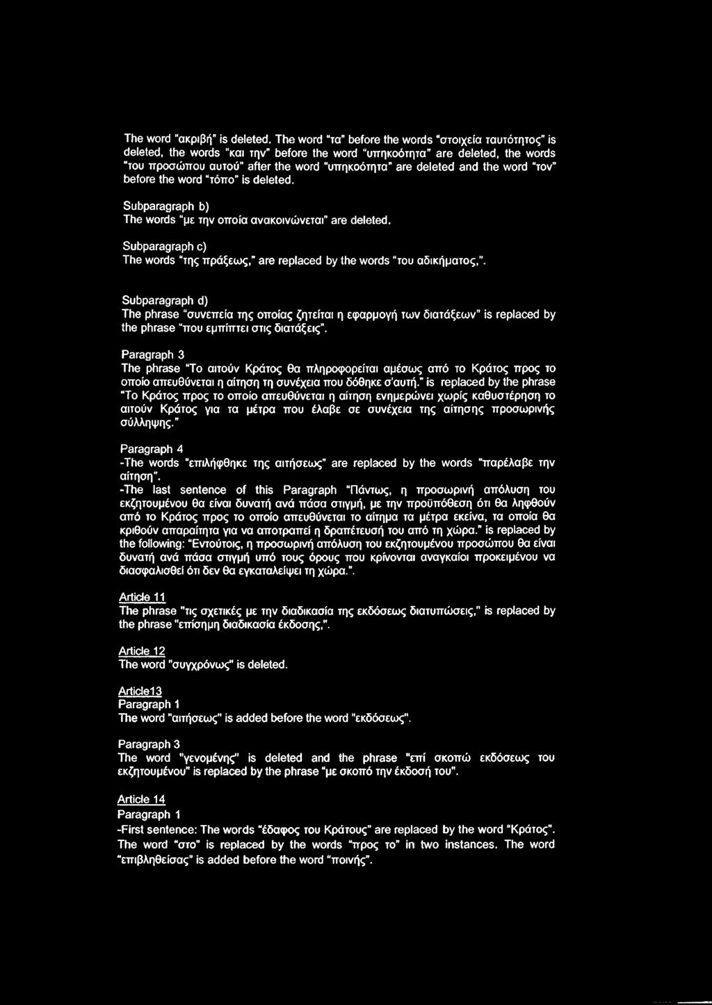 τον before the word τόπο is deleted. Subparagraph b) The words με την οποία ανακοινώνεται are deleted. Subparagraph c) The words της πράξεως, are replaced by the words του αδικήματος,.