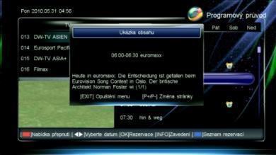 1 Sledovanie EPG informácií EPG informácie sú zobrazené nasledovne: 1. Zoznam kanálov 2. Okno náhľadu 3. Informácie o ovládaní 4. Záložky dátumov 5.