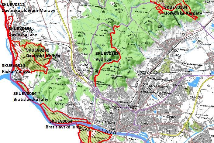 Územia európskeho významu (ÚEV) Na území hl. mesta SR Bratislava sa nachádza 13 lokalít chránených území európskeho významu. Tabuľka č. 15: Chránené územia európskeho významu na území hl.