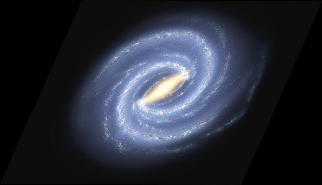 Galaxia Galaxia pozostáva z centrálnej vydutiny (1) v tvare podlhovastej priečky, v ktorej sa nachádza jadro Galaxie so supermasívnou čiernou dierou s hmotnosťou 4 10 6 M.