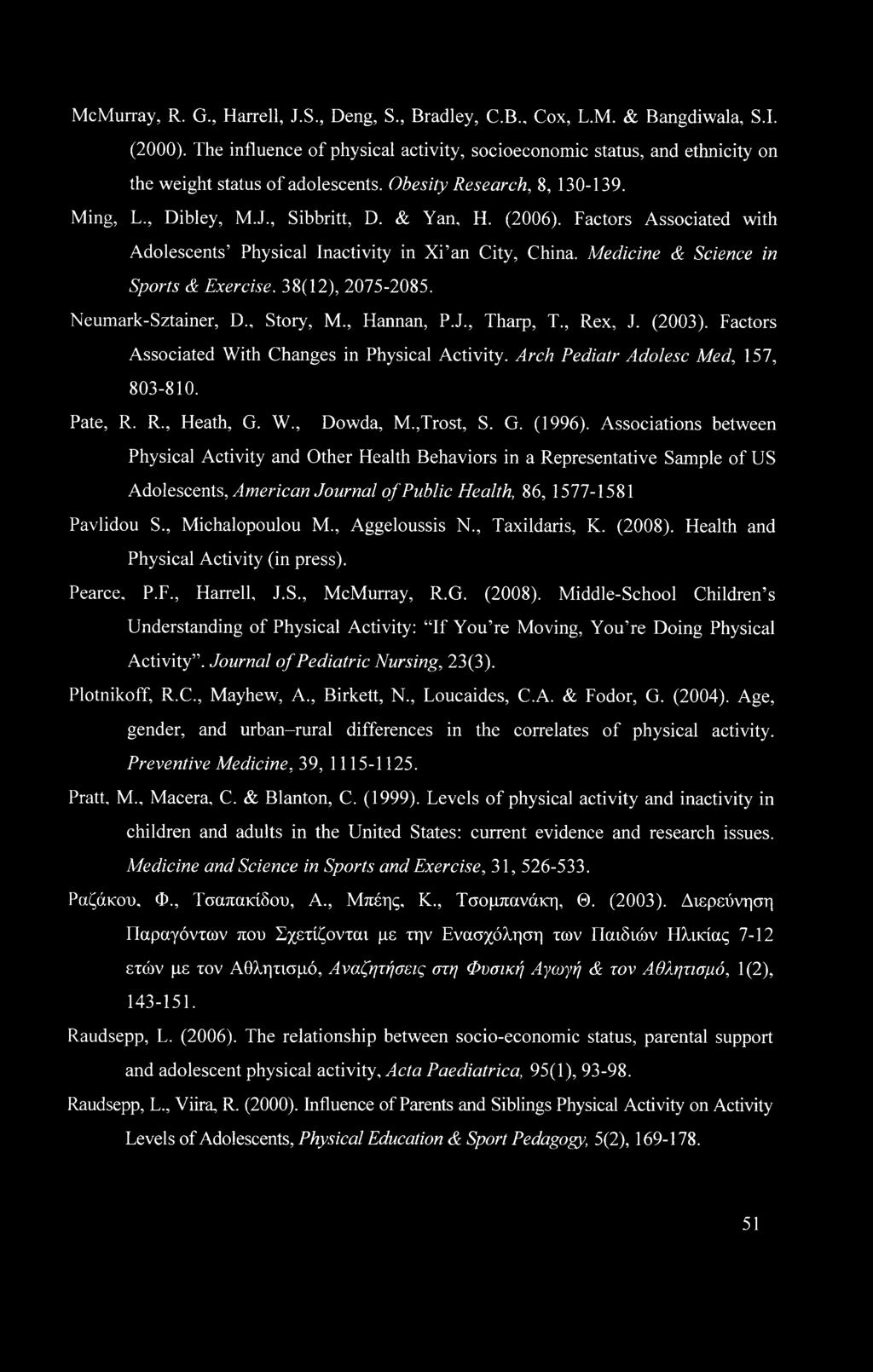 Factors Associated with Adolescents' Physical Inactivity in Xi an City, China. Medicine & Science in Sports & Exercise. 38(12), 2075-2085. Neumark-Sztainer, D Story, M., Hannan, P.J., Tharp, T.