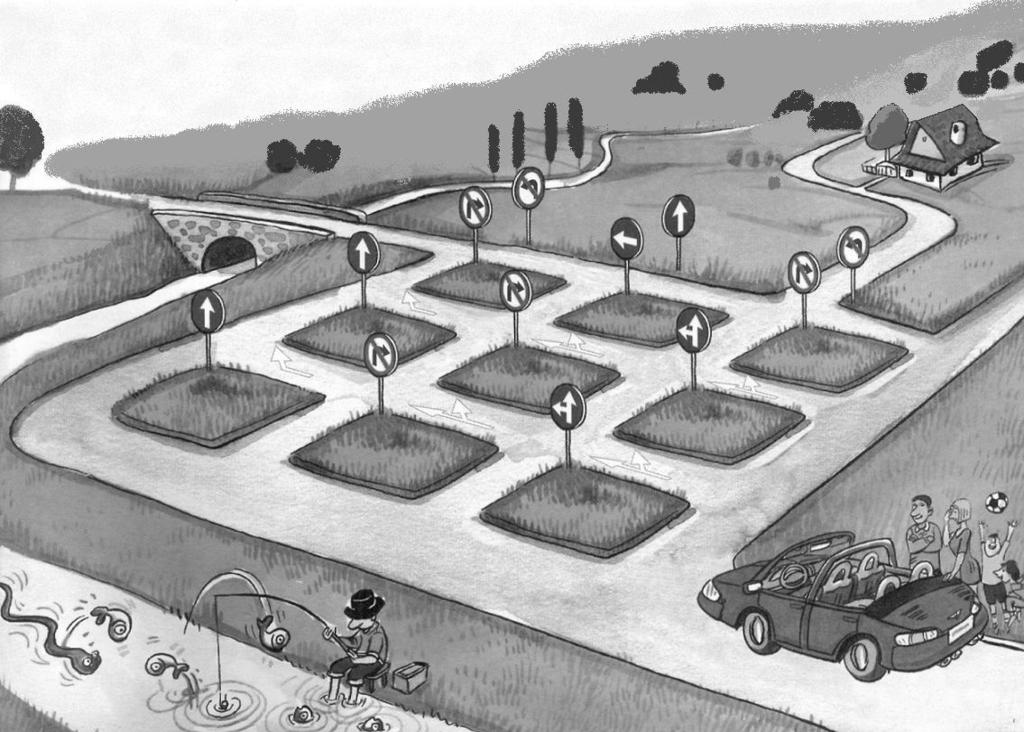 4 Úlohy z kombinatoriky 32. Nájdi všetky cesty, ktorými sa auto bez porušenia predpisov dostane: a) k domčeku, b) na most. [Dopravné značky znamenajú:, - zákaz odbočiť,,, - prikázaný smer jazdy.] 4.