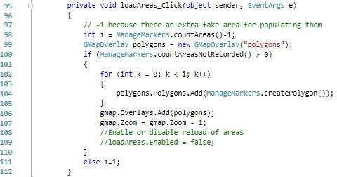 η) private void loadareas_click (object sender, EventArgs e): Εικόνα 50: Η μέθοδος loadareas_click() Η συγκεκριμένη μέθοδος δέχεται ως είσοδο ένα αντικείμενο sender της κλάσης object και ένα