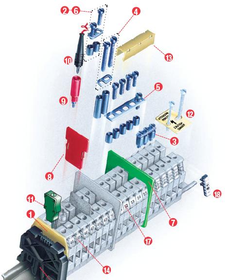 Ukončovací modul 16 - Montážna lišta 17- Popisný štítok 18 - Popisný adaptér W TECHNICKÉ ÚDAJE Materiál puzdra: vyrobený z polyamidu, štandardný odtieň béžový (RAL 1001) alebo modrý (RAL 5015) - pre