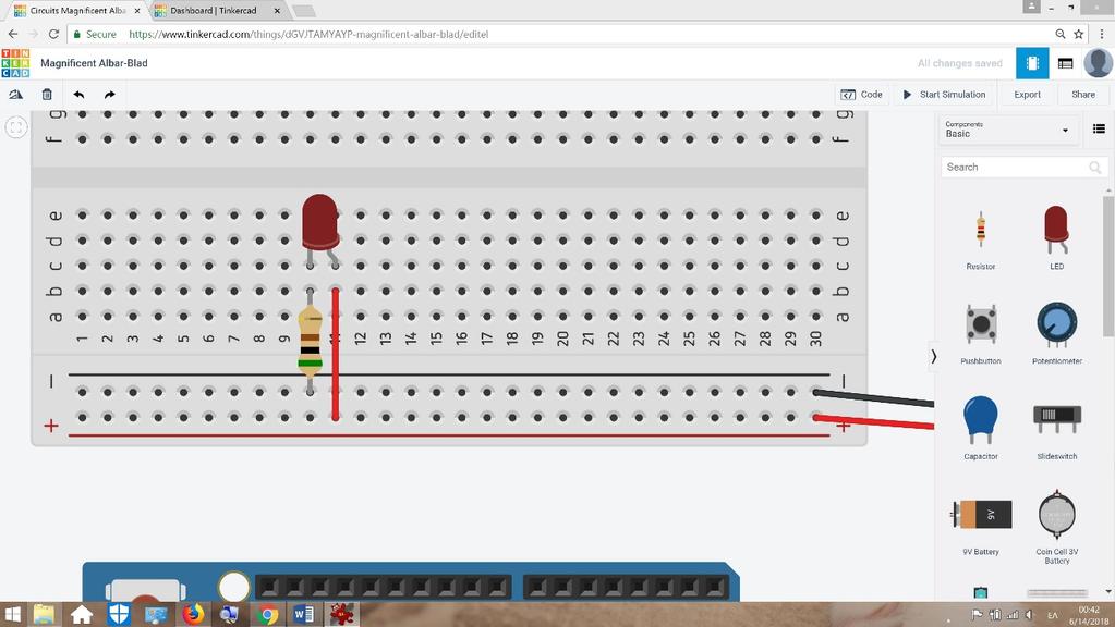Τοποθετήστε ένα λαμπάκι LED και μια αντίσταση (resistor), όπως φαίνεται στο σχήμα.
