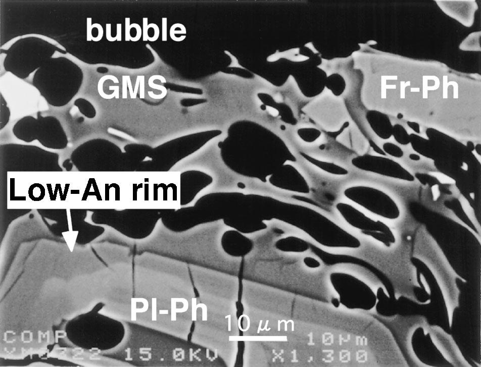 386 Fig. +0. BSE image for plagioclase phenocryst (Pl-Ph) and groundmass (GMS) of a pumice sample from Futatsudake eruption at the middle of 0th century.