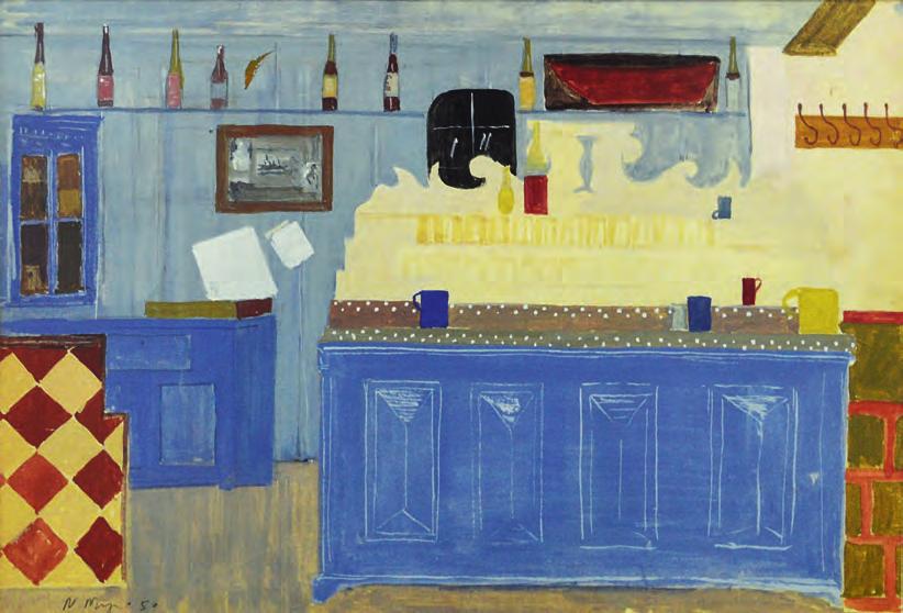 422 422 ΝΙΚΟΛΑΟΥ, Νίκος, 1909-1986. Ἐσωτερικό καφενείου. Τέμπερα σέ χαρτί, 240 x 345 mm.