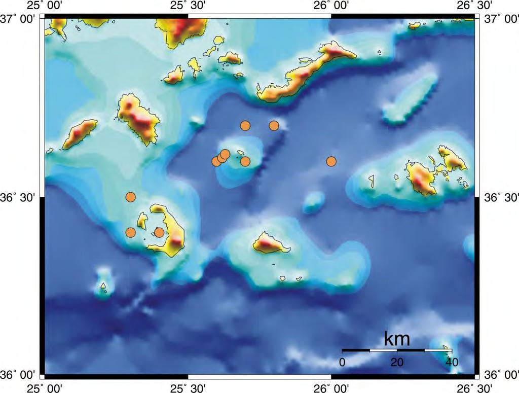 80 Εικόνα 3.1. Κατανομή ισχυρών σεισμών της περιοχής (Μ 6.0) και ο μηχανισμός γένεσης του επιφανειακού σεισμού της Αμοργού του 1956, Μ=7.5 (Shirokova 1972). Στον χάρτη της εικόνας 3.