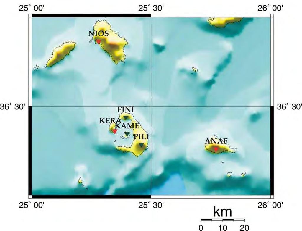 83 Πίνακας 4.1. Στοιχεία Δικτύου Σεισμολογικών Σταθμών (SANNET-2001). Κωδικός σταθμού Περιγραφή θέσης φ 0 λ 0 ANAF Ελικοδρόμιο Ανάφης 36.370 25.459 FINI Φοινικιά 36.463 25.393 KAME Νέα Καμένη 36.