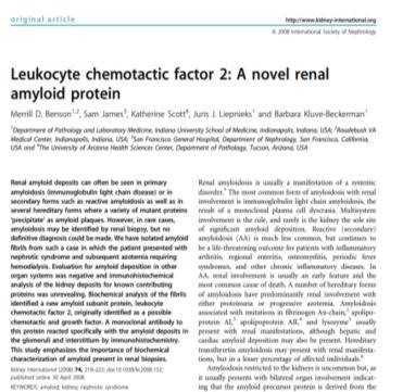 LEUKOCYTE CHEMOTACTIC FACTOR 2 (ALECT2) ΑΜΥΛΟΕΙΔΩςΗ Προσφάτως περιγραφείσα (Βenson et al, Kidney Int 74:218 222, 2008) Συχνή