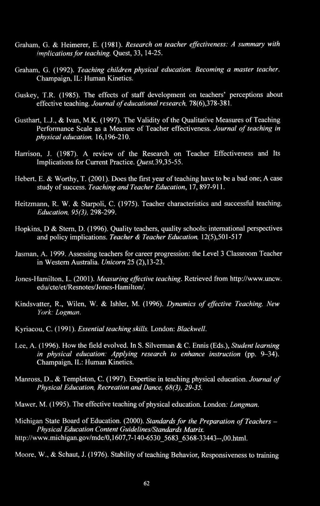 The Vlidity f the Qulittive Mesures f Teching Perfrmnce Scle s Mesure f Techer effectiveness. Jurnl f teching in physicl eductin, 16,196-210. Hrrisn, J. (1987).