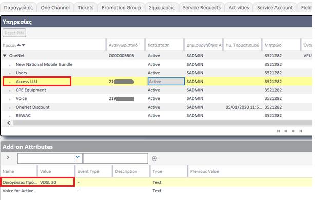 Εμφάνιση στο σύστημα (All Onenet Assets) VDSL 30 Στα προγράμματα Οne Net το κύκλωμα του συνδρομητή εμφανίζεται στη