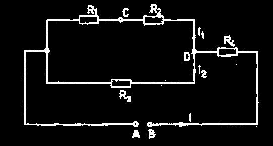 6. Rezistory sú zapojené podľa schémy na obrázku. Napätie medzi bodmi A a B je 240 V. Aké je napätie medzi bodmi C a D? Aký prúd prechádza rezistormi? [U CD =60 V, I=2 A, I 1 =0,4 A, I 2 =1,6 A] 7.
