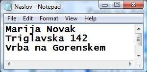 1: public static void Main(string[] args) 2: 3: // Pot in ime 4: string ime = @"C:\Tekstovna\Naslov.txt"; 5: // Preverimo obstoj datoteke 6: if (File.Exists(ime)) 7: 8: Console.