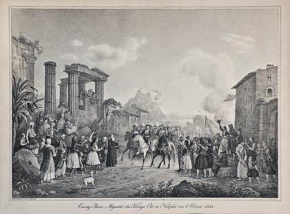Einzug Seiner Majestät des Königs Otto zu Nauplia, am 6. Februar 1833. Μόναχο, J. B. Dresely, [1833]. Λιθογραφία, 235 x 332 mm. Σχεδιασμένη καί χαραγμένη ἀπό τόν G. Kraus. Σέ κορνίζα. Pressler 371.
