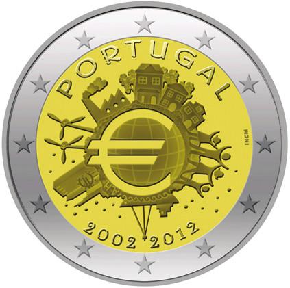 štyrikrát, orientovaný striedavo Nápis na hrane: 2 EURO smerom PORTUGALO Legenda: