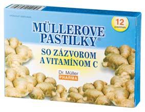 Müllerove pastilky so zázvorom a vitamínom C (zahriatie) Výživový doplnok Zázvor napomáha pri normálnej činnosti dýchacích ciest podporuje prirodzenú obranyschopnosť Zloženie: sacharóza, sladidlo
