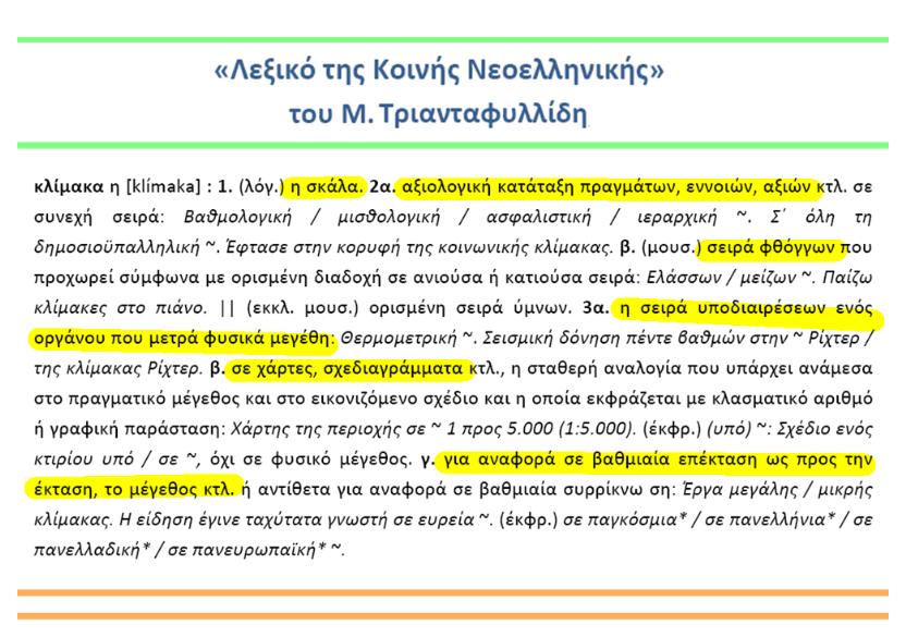 ΔΡΑΣΤΗΡΙΟΤΗΤΑ 5 Οι μαθητές με τη βοήθεια λεξικού βρίσκουν τη σημασία της λέξης «ΚΛΙΜΑΚΑ» στο λόγο.