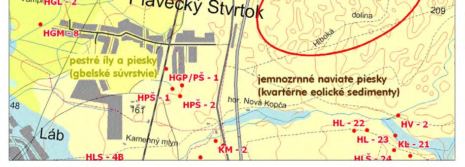 V íloch sa vyskytujú i tenké slojky lignitu. Obr. č. 2: Schematická geologická situácia v oblasti skúmanej lokality. Gbelské súvrstvie (vrchný panón) reprezentuje sedimenty zón G až H panónu.