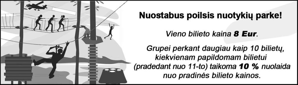 4. Nuotykių parko kasoje skelbiama informacija apie bilietų kainas. 4.1. Kokia yra 11-to bilieto kaina, grupei perkant 11 bilietų? A 7,20 Eur B 7,90 Eur C 7,92 Eur D 7,99 Eur 4.2. Kiek pinigų iš viso už bilietus sumokės 12 žmonių grupė?