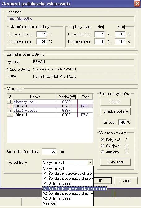 Kapitola 2-Podlahové vykurovanie 2. Zobrazí sa Vám dialógové okno Vlastnosti podlahového vykurovania. Rozbaľte roletku Typ pokládky a zvoľte typ A2: Špirála s integrovanou okrajovou zónou. (Obr. 2.13-27) Program má k dispozícii pre vykreslenie vykurovacieho hada dva algoritmy (A1 a A2).