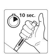 Ridicaţi stiloul injector (pen-ul) preumplut drept, în poziţie verticală (în unghi de 90 ). Capacul protector al acului va ieşi automat şi se va bloca, pentru a preveni înţeparea accidentală cu acul.