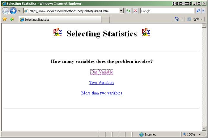 Primer odločitvenega drevesa za izbiro statistične analize http://www.socialresearchmethods.net/selstat/ssstart.