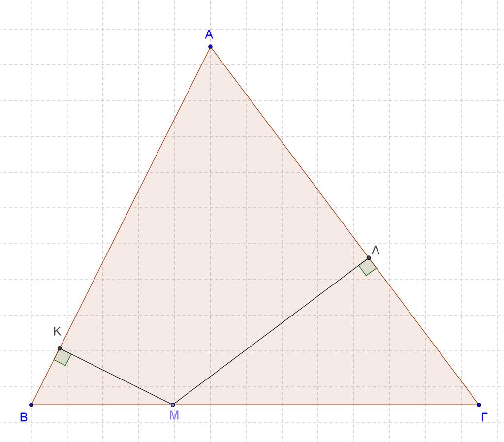 2.2 Θεωρούμε τρίγωνο ΑΒΓ και σημείο Μ που κινείται στην πλευρά ΒΓ. Από το Μ φέρνουμε τα κάθετα τμήματα ΜΚ και ΜΛ προς τις πλευρές ΑΒ και ΑΓ αντίστοιχα.