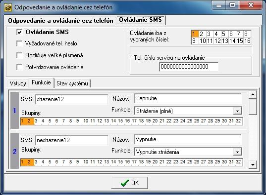 SATEL INTEGRA 97 Obr. 15. Príklad nastavení ovládania SMS. Ovládanie SMS ak je možnosť zapnutá, je možné ovládanie pomocou SMS správ. Vyžadované tel. heslo [Tel.