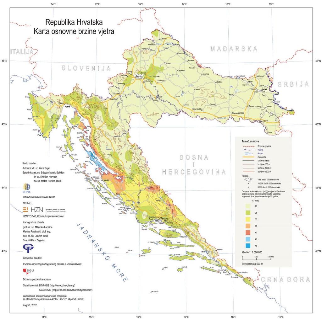 Slika 4.4 Karta osnovne brzine vjetra za Republiku Hrvatsku (HRN EN 1991-1-4) Područje vref,10min (m/s) I. 22,0 II. 30,0 III. 35,0 IV. 40,0 V. 50,0 Tablica 4.