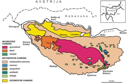 Prikaz 12: Poenostavljena karta geološke zgradbe Pohorja (vir: http://ciklon.si/stran/wpcontent/uploads/2014/01/brez-naslova111.png, pridobljeno 13. 1. 2014) Kot prikazujeta karti, je okolica Laporja geološko zelo pestra.