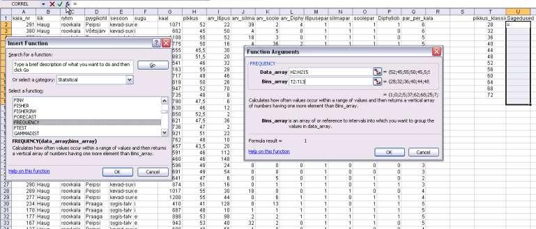 Funktsioon FREQUENCY Kõige kiirem variant lasta Excelil kokku lugeda, kui palju vaatlusi mingisse ette antud klassi kuulub, on kasutada funktsiooni FREQUENCY (kui